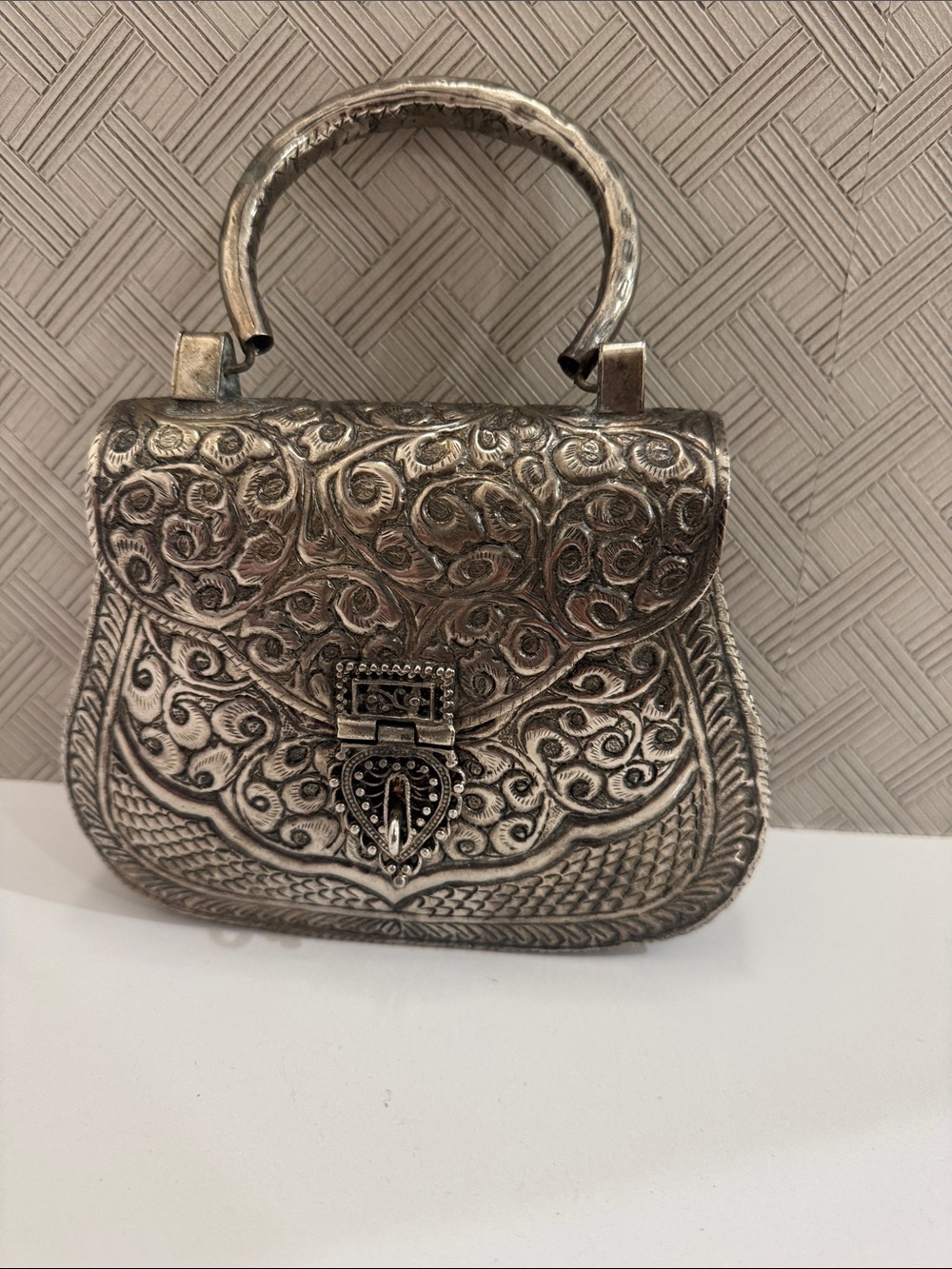 Vintage Silver Metal Mini Purse • Engraved • Purple Velvet Interior